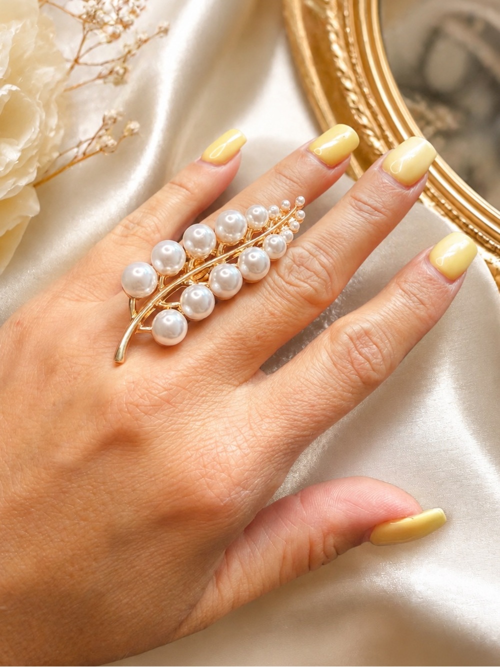 Gold Pearl Leaf Women statement Ring